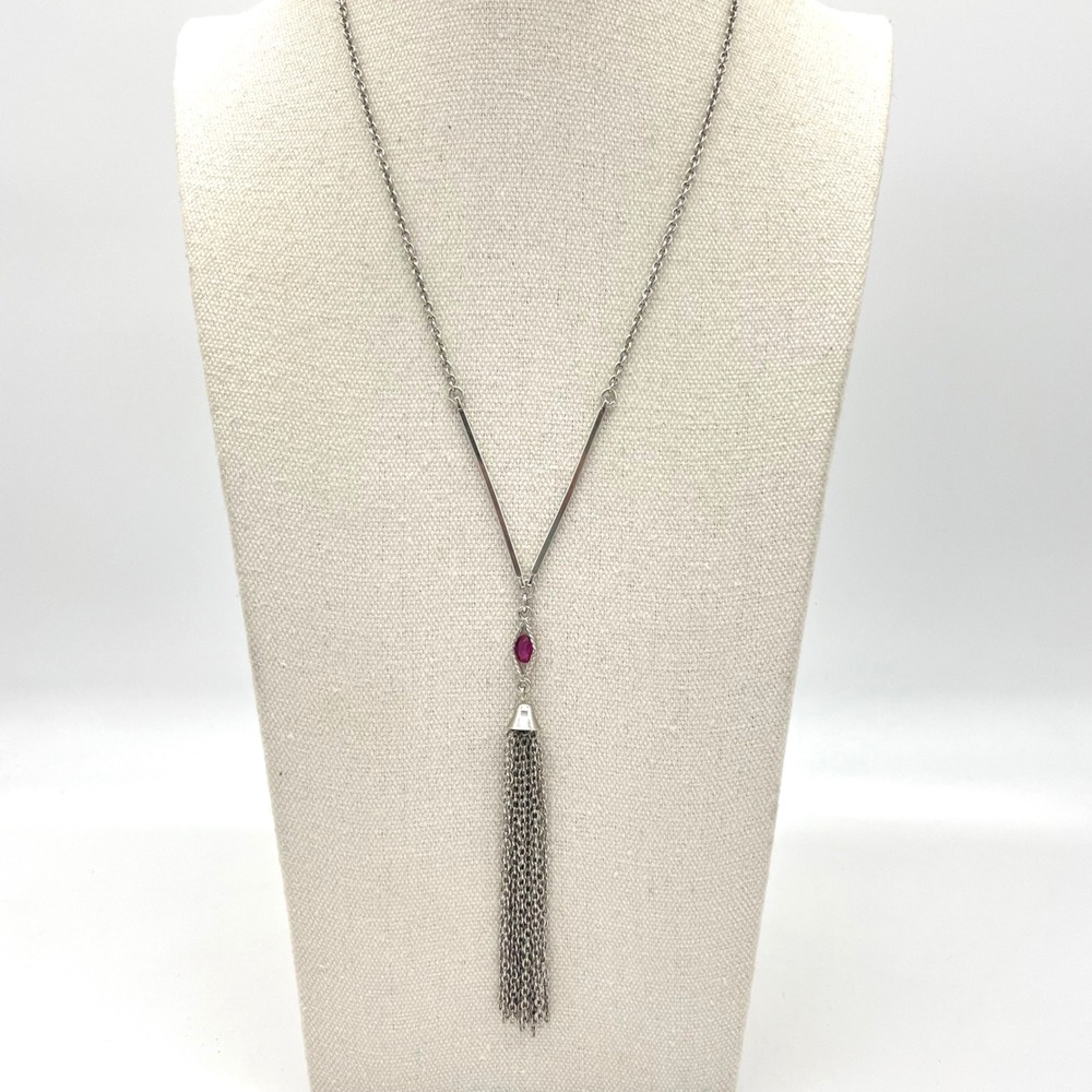 Sarah Coventry Vintage Silver Tone Pink Rhinestone Strand‎ Tassel Y Necklace